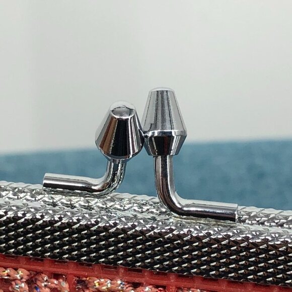 Pink Salmon shade sparkly crochet Metallic Clutch handheld clasp Purse - Picture 6 of 13